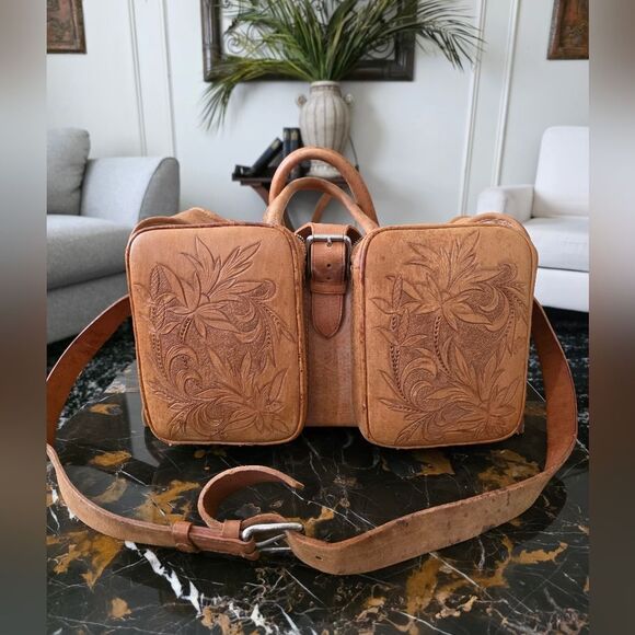 Tooled Leather Weekender Overnight Travel Handcrafted Structured Travel Bag Tan - Picture 1 of 16